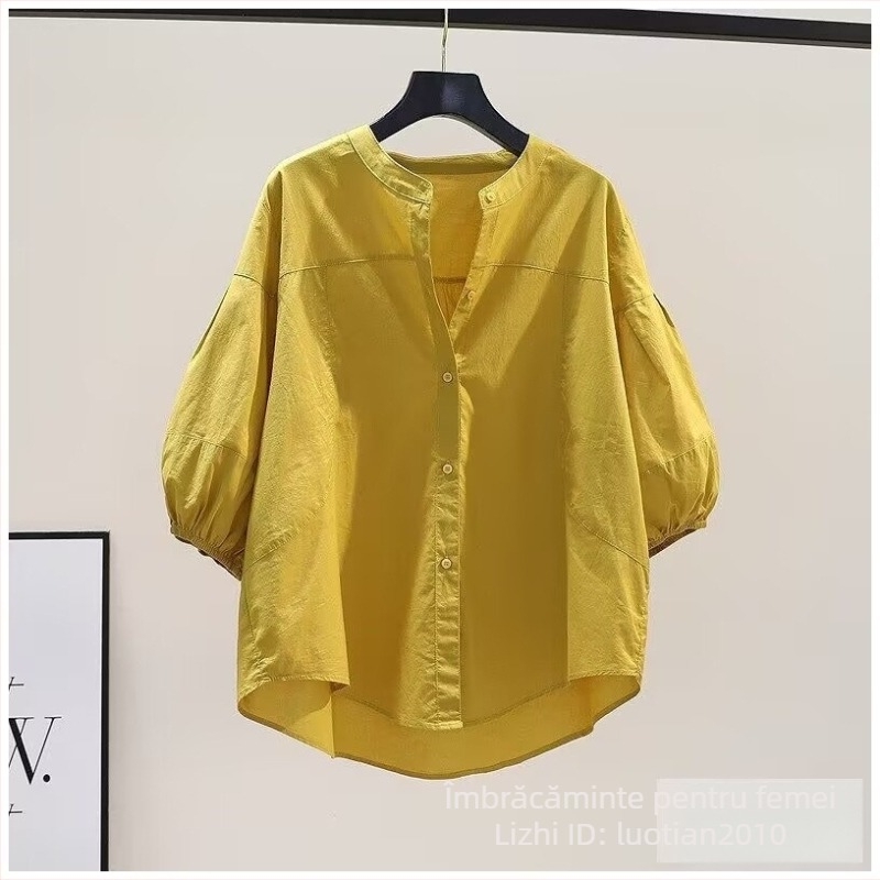 2026 Bluza albastru deschis cu guler înalt și mâneci lampion, lejeră, din bumbac pur, pentru vară