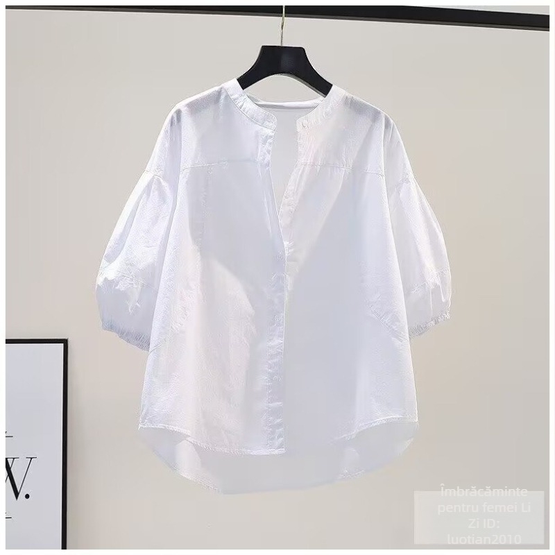 2026 Bluza albastru deschis cu guler înalt și mâneci lampion, lejeră, din bumbac pur, pentru vară