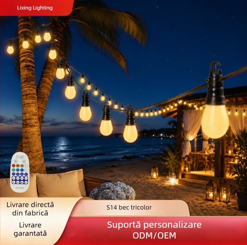 Șir de lumini LED S14 cu Bluetooth, pentru exterior, grădină, iluminare ambientală bi-color