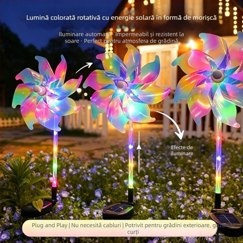 Lampă decorativă solară de exterior în formă de morișcă, pentru gazon și curte, proiecție laser, cu suport de montaj în sol