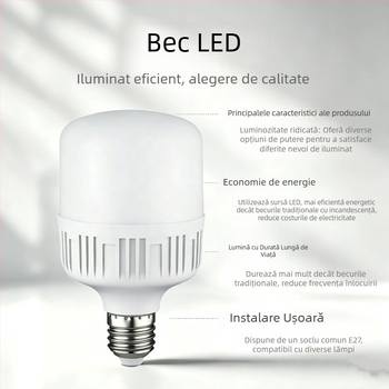 Bec LED economisitor de energie, bază E27 cu filet mare, lumină albă, iluminare pentru casă, potrivit pentru depozit și atelier