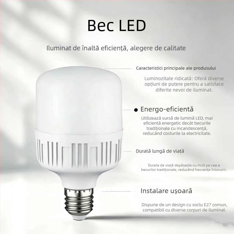 Bec LED economisitor de energie, bază E27 cu filet mare, lumină albă, iluminare pentru casă, potrivit pentru depozit și atelier