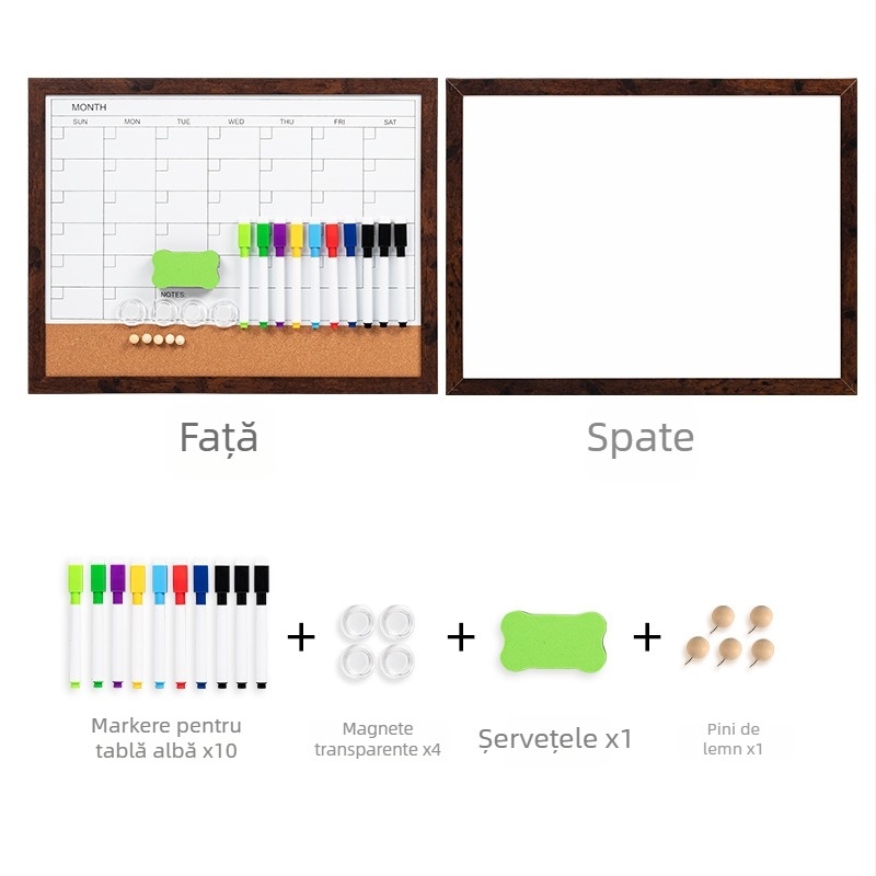 Tablou de planificare pentru birou, montat pe perete, cu suprafață magnetică pentru șters, tablă albă și calendar din plută