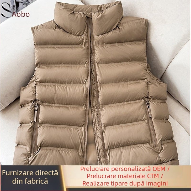 Vestă scurtă din puf-cotton pentru femei, ușoară, stil coreean, guler înalt, caldă și versatilă.