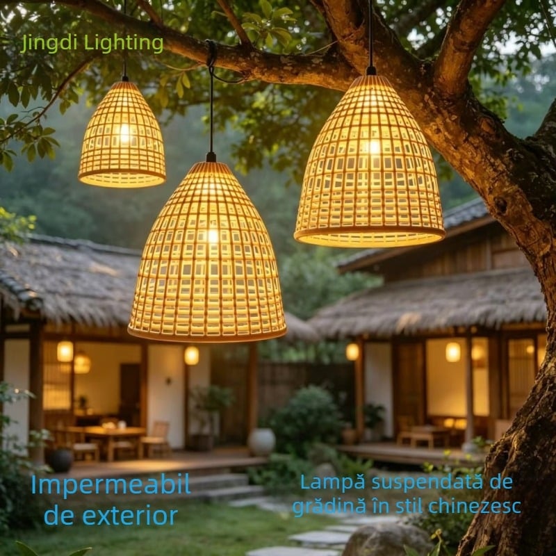 Lampă de exterior în stil chinezesc, cu țesătură imitând bambus, impermeabilă, decor pentru curte și pensiune, iluminare ambientală, lampă de peisaj pentru agățat în copac