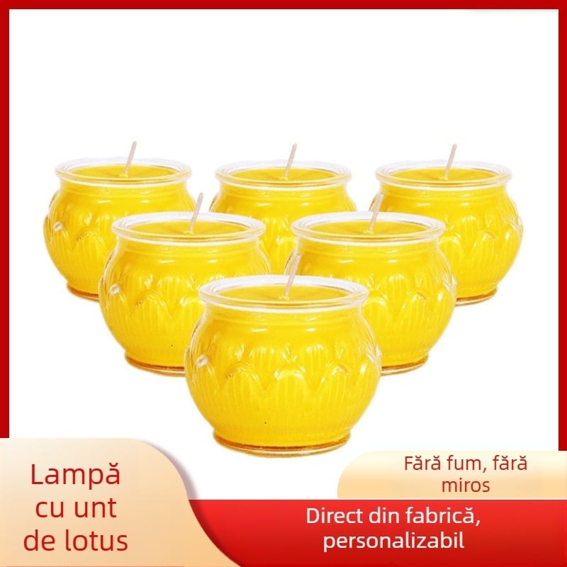  Lampă din sticlă cu cupă circulară pentru ofrande Budha, lampă de ghee cu lotus, fără fum, iluminare de 24 de ore