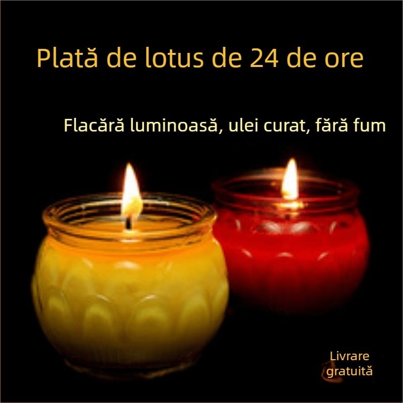  Lampă din sticlă cu cupă circulară pentru ofrande Budha, lampă de ghee cu lotus, fără fum, iluminare de 24 de ore
