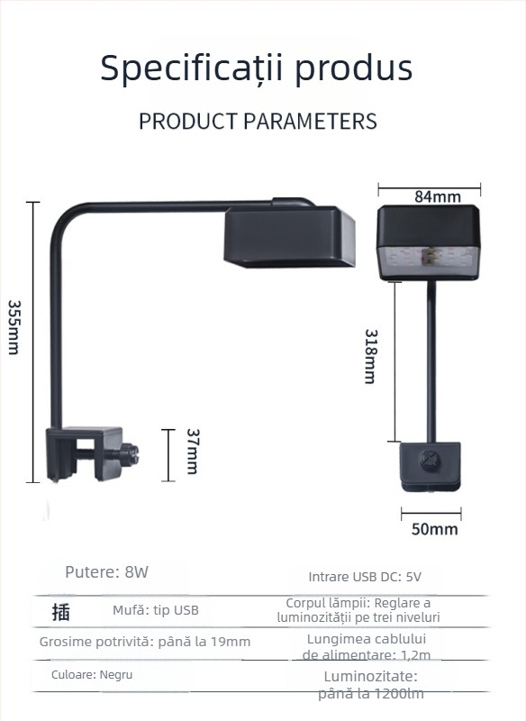Lampă LED pătrată pentru acvariu – spectru complet pentru plante acvatice, iluminare peisaj acvariu, lampă USB anti-alge