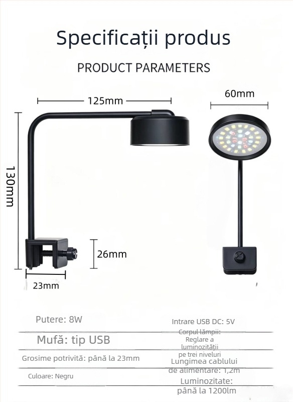 Lampă LED pătrată pentru acvariu – spectru complet pentru plante acvatice, iluminare peisaj acvariu, lampă USB anti-alge