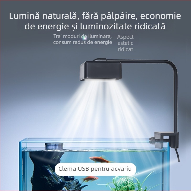 Lampă LED pătrată pentru acvariu – spectru complet pentru plante acvatice, iluminare peisaj acvariu, lampă USB anti-alge