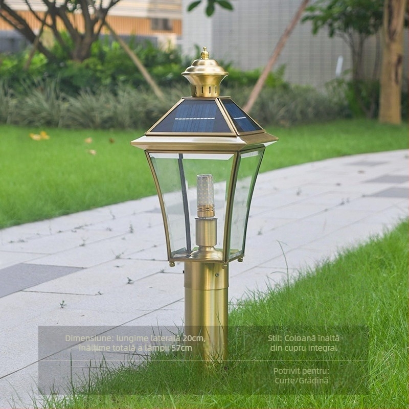 Lampă de gazon din cupru pur, alimentată cu energie solară, iluminare exterioară cu două funcții pentru gard și balustradă, lampă automată de grădină, poate fi înfiptă în pământ 112