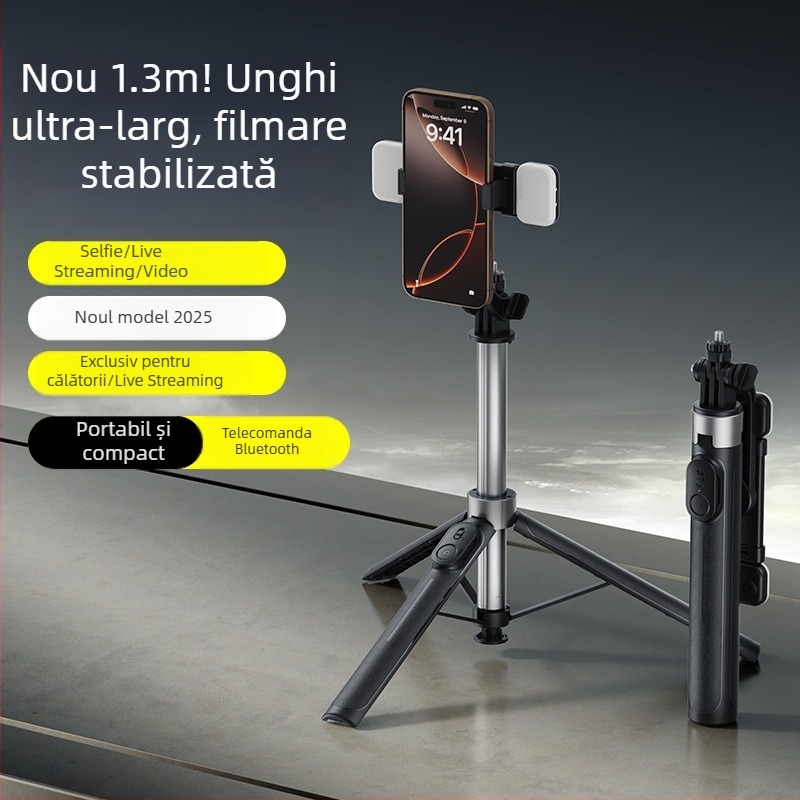 Selfie stick 1,33 m, X2, cu trepied Bluetooth integrat, suport pentru telefon telescopic și iluminare încorporată