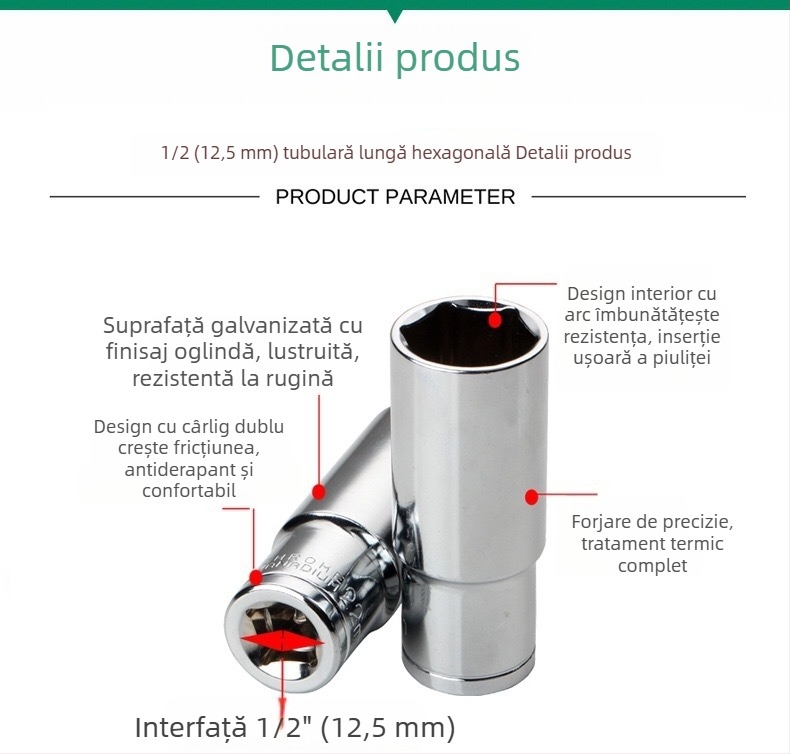 Set prelungit de capete hexagonale 1/2 inch, oțel crom-vanadiu, capete hexagonale pentru cheie electrică