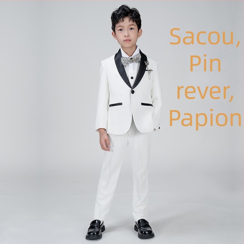 Costum alb pentru băieți — sacou dublu-rând, potrivit pentru gazde, podium și reprezentații la pian