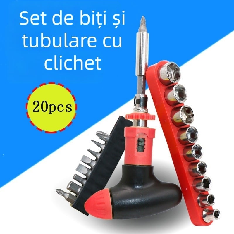 Set de 20 piese: șurubelniță cu clichet manuală și set de capete, 10 biti cu ax, 9 capete 5–13 mm
