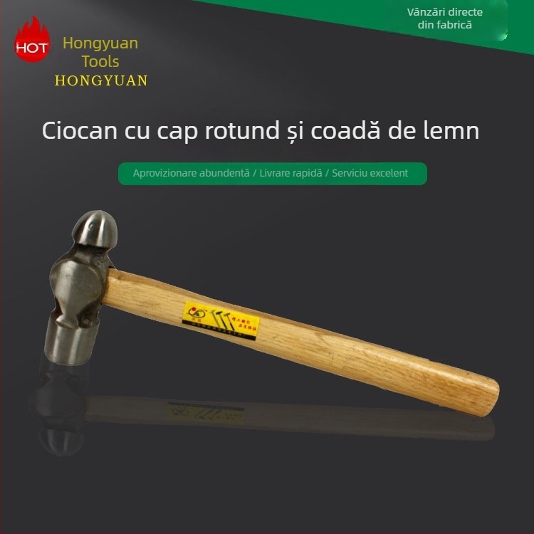 Ciocan cu mâner din lemn, cap rotund, oțel de înaltă carbon, unelte multifuncționale pentru construcții și renovări