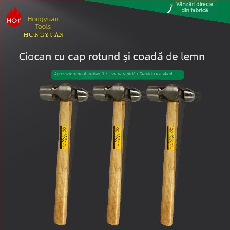 Ciocan cu mâner din lemn, cap rotund, oțel de înaltă carbon, unelte multifuncționale pentru construcții și renovări